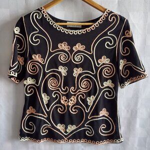 Women's Black & Pink Soutache Blouse Short Sleeve Scrolls & Trim Dressy Top M/L